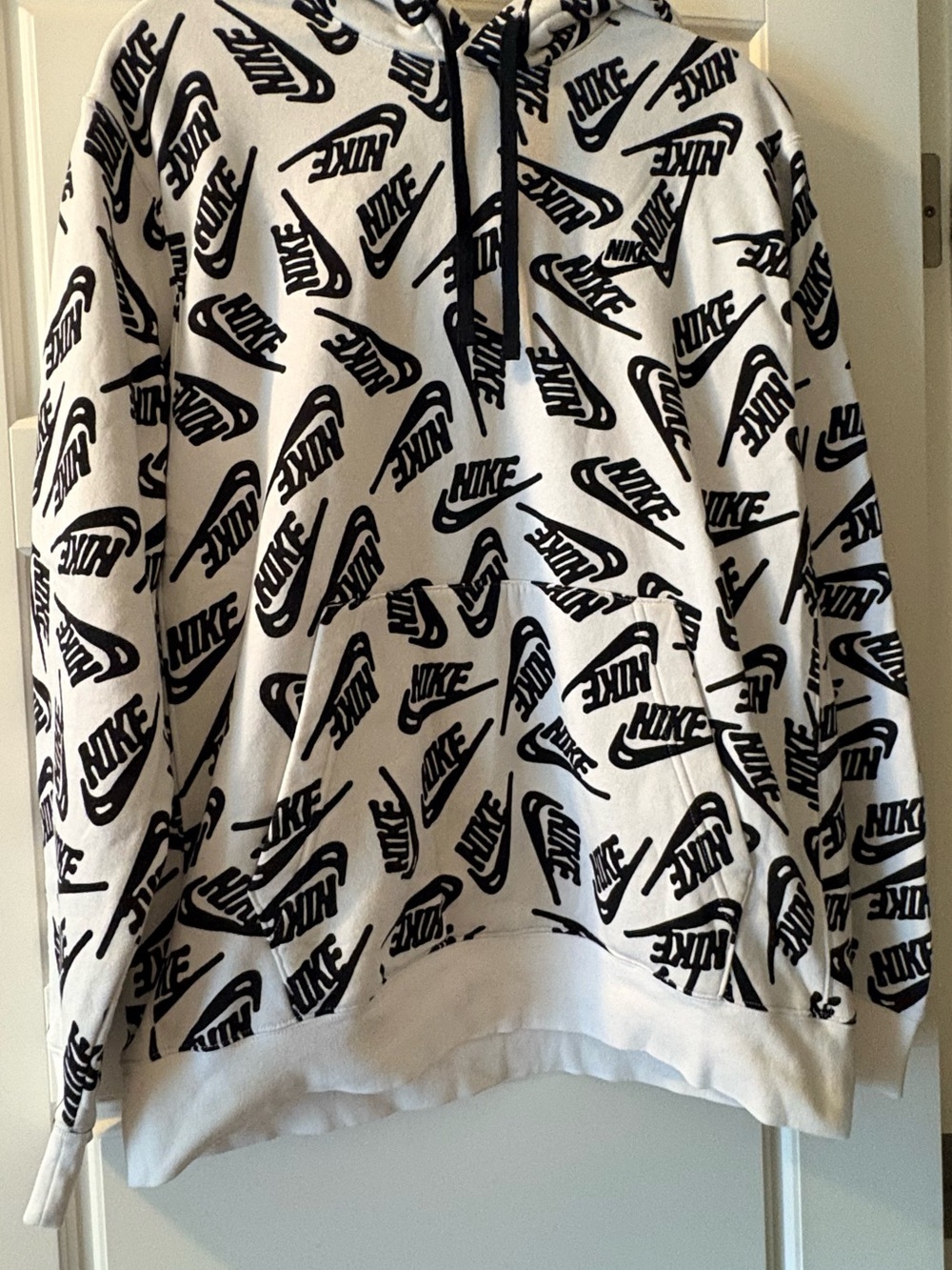 Nike White Hoodie with Black Allover Logo - Men's Zip-Up Sweater